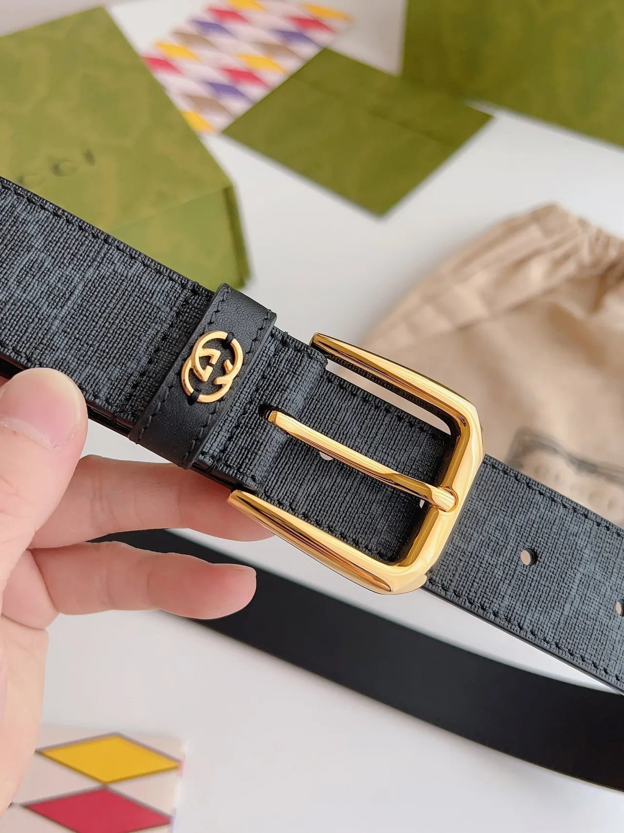Gucci Ophidia Black GG Monogram Canvas Leather Belt 2