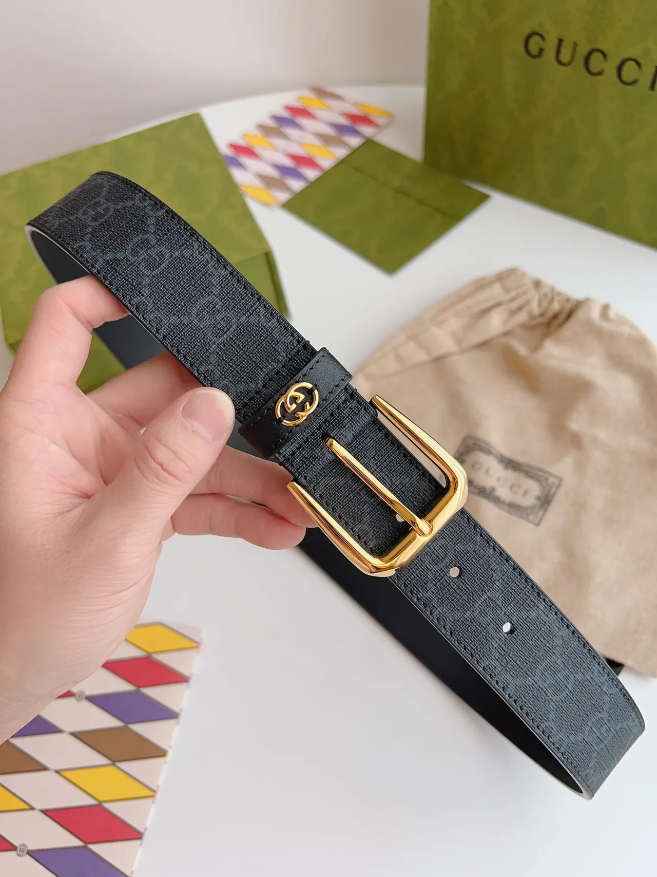 Gucci Ophidia Black GG Monogram Canvas Leather Belt 3