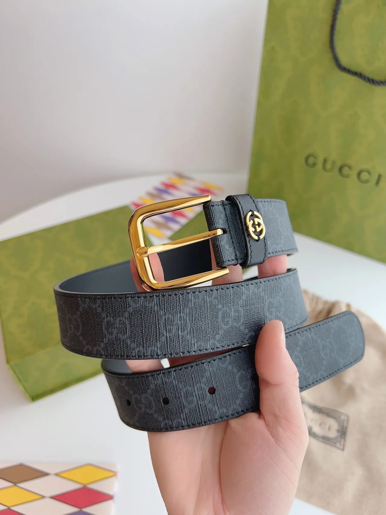 Gucci Ophidia Black GG Monogram Canvas Leather Belt 4