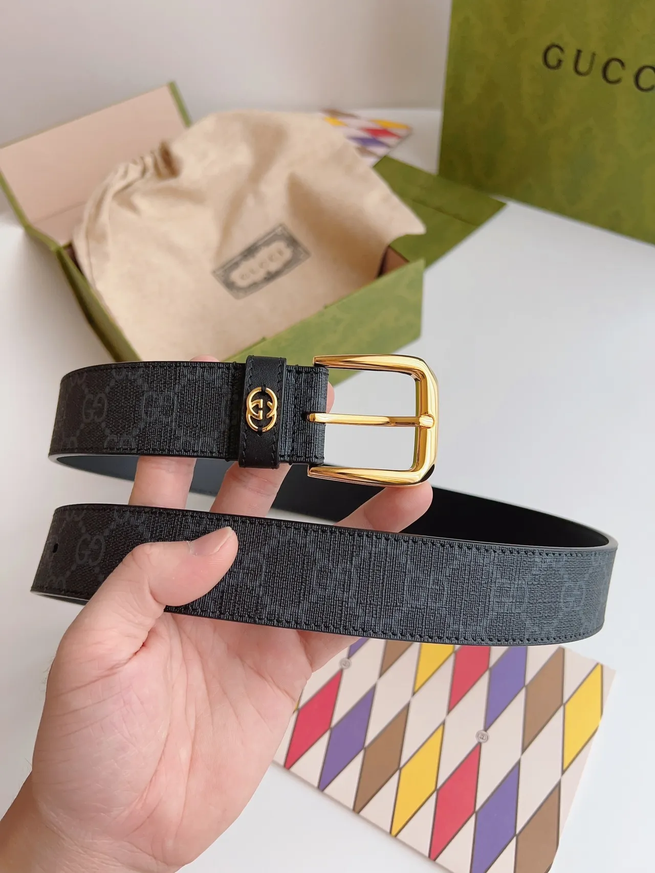 Gucci Ophidia Black GG Monogram Canvas Leather Belt 5