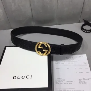 Gucci Ophidia Black Gold Embossed GG Monogram Interlocking G Buckle Leather Belt
