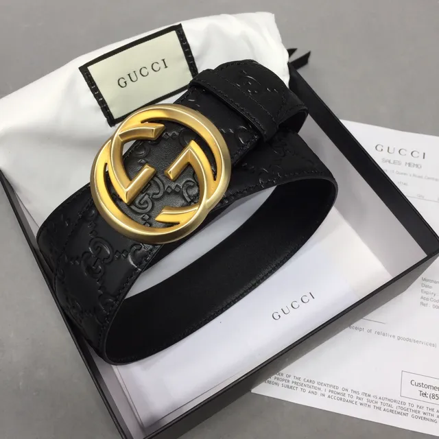 Gucci Ophidia Black Gold Embossed GG Monogram Interlocking G Buckle Leather Belt 2