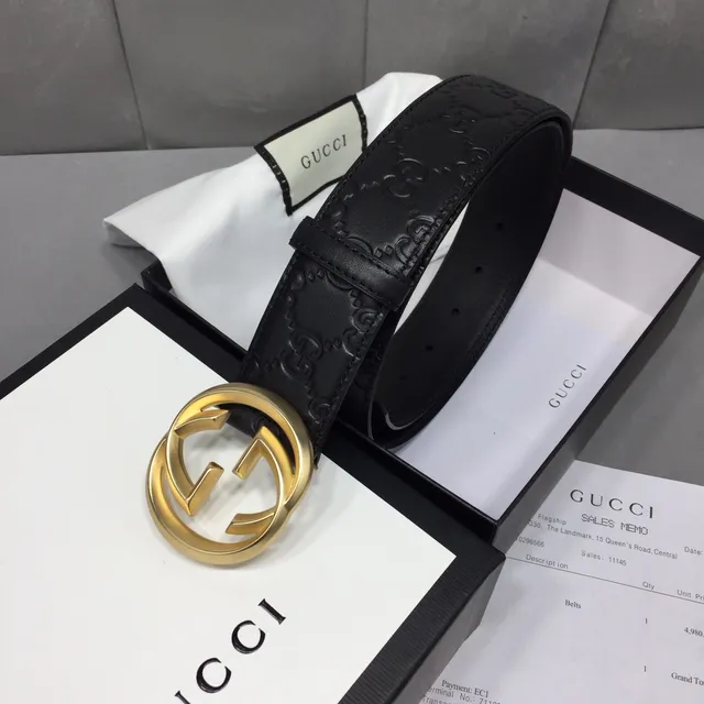 Gucci Ophidia Black Gold Embossed GG Monogram Interlocking G Buckle Leather Belt 4