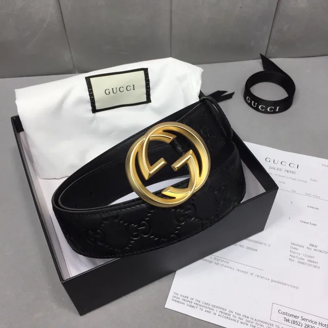 Gucci Ophidia Black Gold Embossed GG Monogram Interlocking G Buckle Leather Belt 5