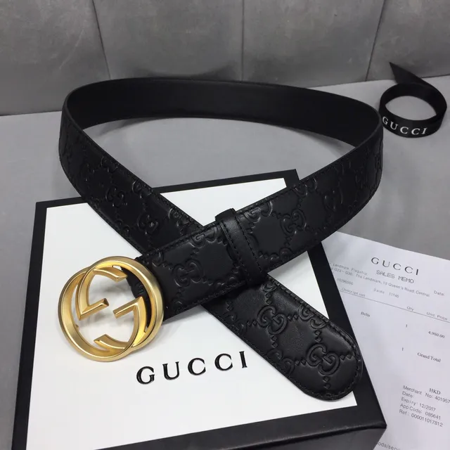 Gucci Ophidia Black Gold Embossed GG Monogram Interlocking G Buckle Leather Belt 6