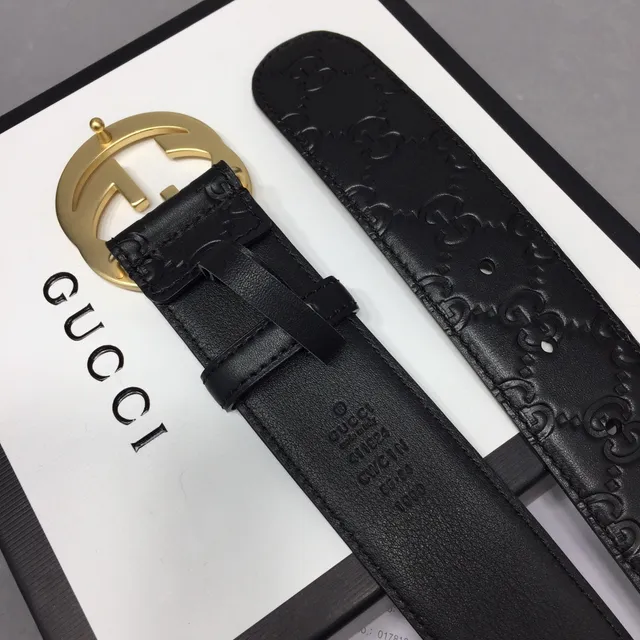 Gucci Ophidia Black Gold Embossed GG Monogram Interlocking G Buckle Leather Belt 8