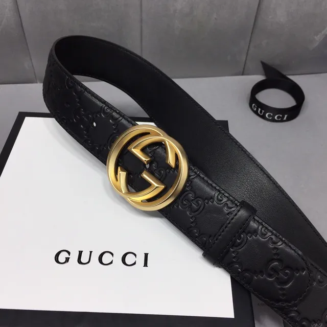 Gucci Ophidia Black Gold Embossed GG Monogram Interlocking G Buckle Leather Belt 9