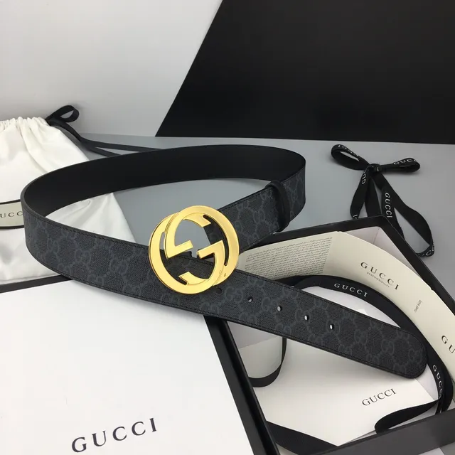Gucci Ophidia Black Gold GG Monogram Canvas Interlocking G Buckle Leather Belt 2