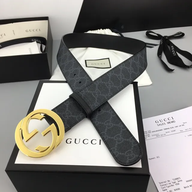 Gucci Ophidia Black Gold GG Monogram Canvas Interlocking G Buckle Leather Belt 6