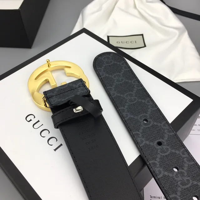 Gucci Ophidia Black Gold GG Monogram Canvas Interlocking G Buckle Leather Belt 8