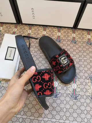 Gucci Ophidia Black Red Interlocking GG Logo Monogram-Patterned Strap Slippers 2