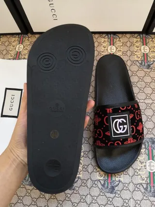 Gucci Ophidia Black Red Interlocking GG Logo Monogram-Patterned Strap Slippers 4