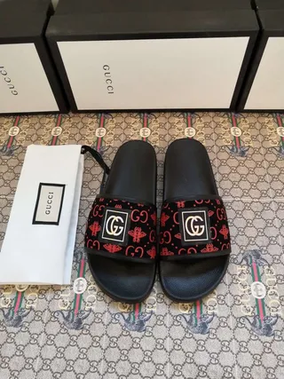 Gucci Ophidia Black Red Interlocking GG Logo Monogram-Patterned Strap Slippers 6