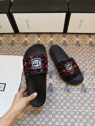 Gucci Ophidia Black Red Interlocking GG Logo Monogram-Patterned Strap Slippers 7
