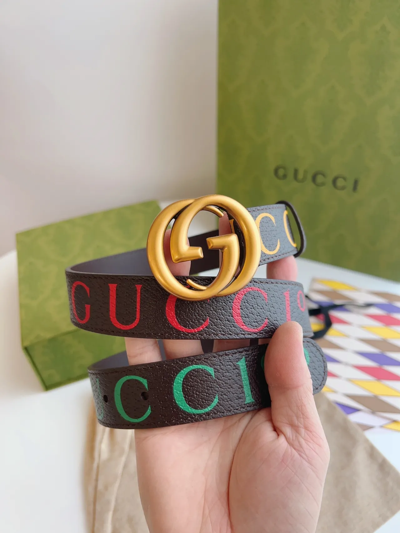 Gucci Ophidia Multicolor Logo Print Leather Belt 2
