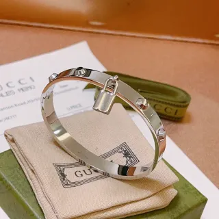 Gucci Padlock Silver Beige Rigid Hinged Bangle Charm Bracelet