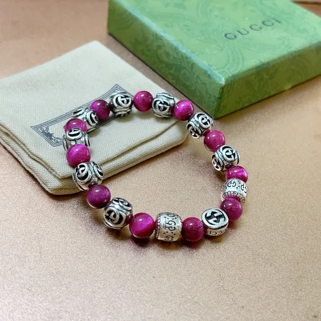 Gucci Pink Silver Beaded Stretch Interlocking G Logo Bracelet 2