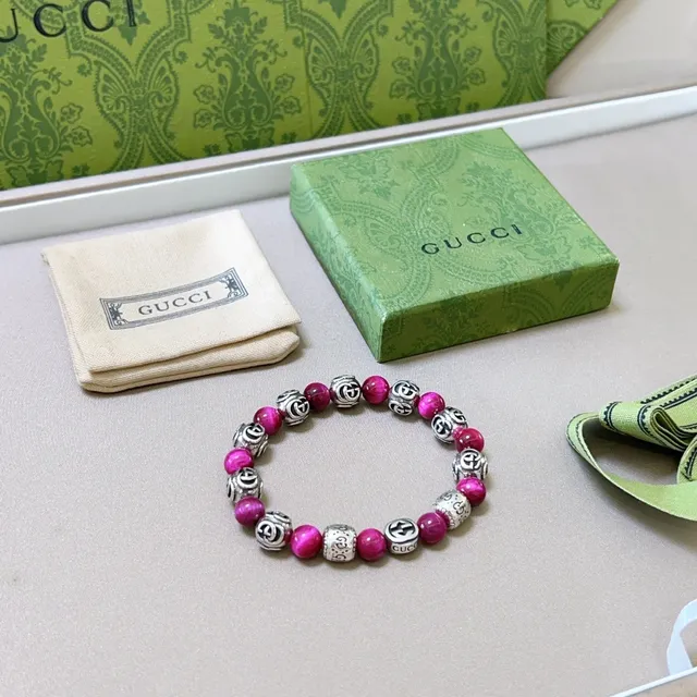 Gucci Pink Silver Beaded Stretch Interlocking G Logo Bracelet 4