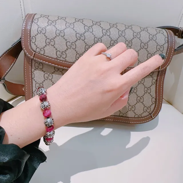Gucci Pink Silver Beaded Stretch Interlocking G Logo Bracelet 5