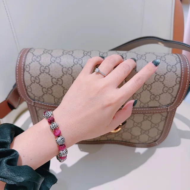 Gucci Pink Silver Beaded Stretch Interlocking G Logo Bracelet 7