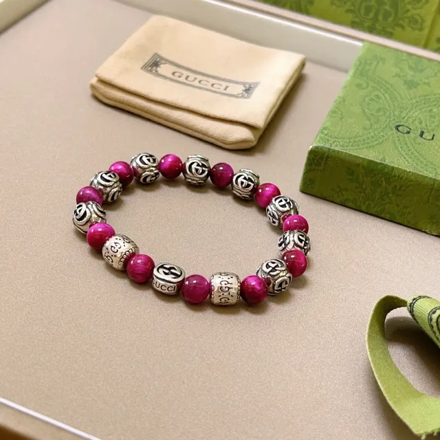 Gucci Pink Silver Beaded Stretch Interlocking G Logo Bracelet 8