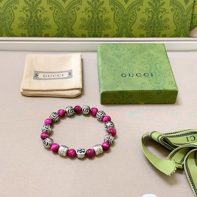 Gucci Pink Silver Beaded Stretch Interlocking G Logo Bracelet 9