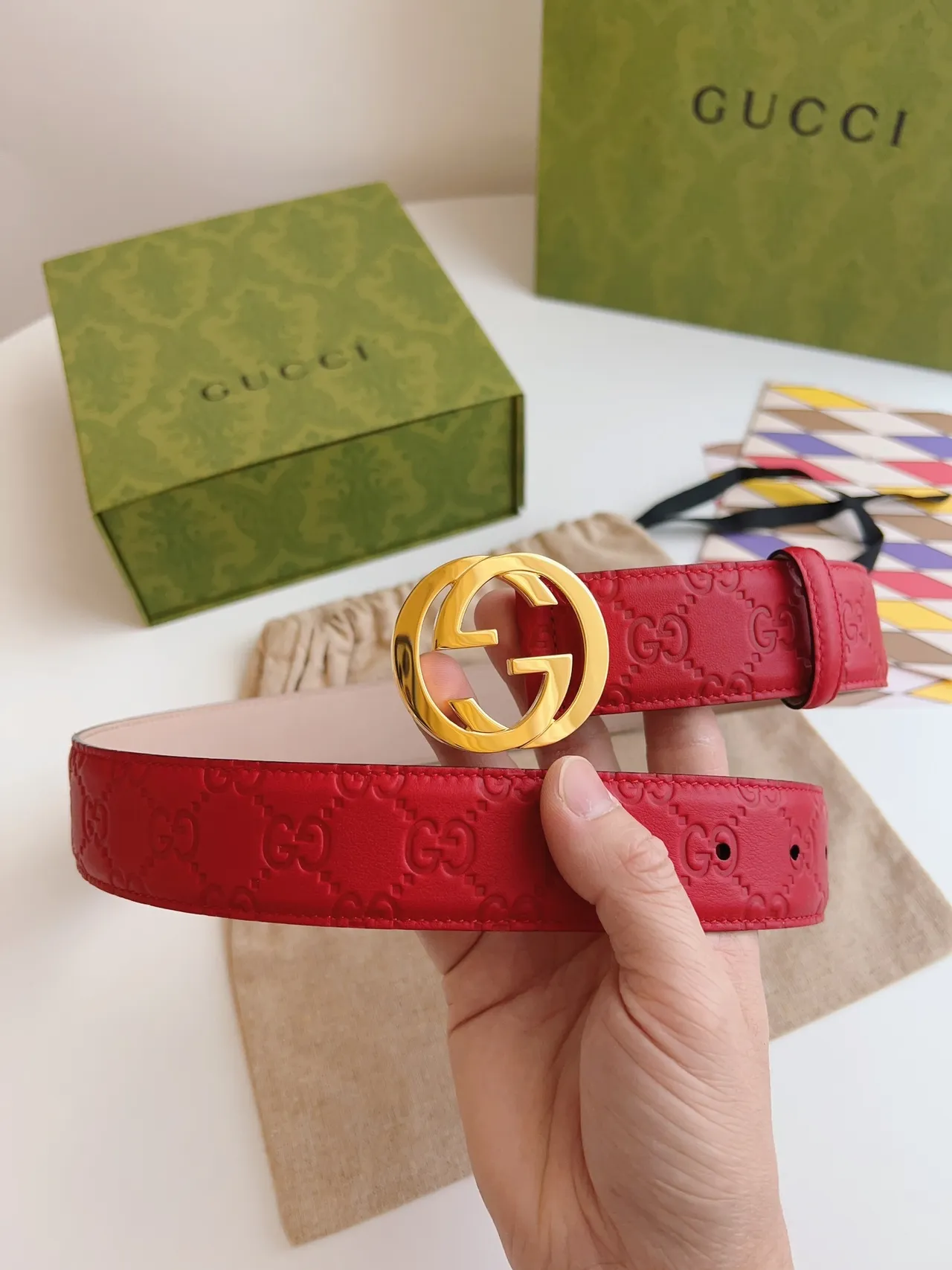 Gucci Red Beige Embossed GG Monogram Gold-Tone Interlocking G Buckle Leather Belt 2