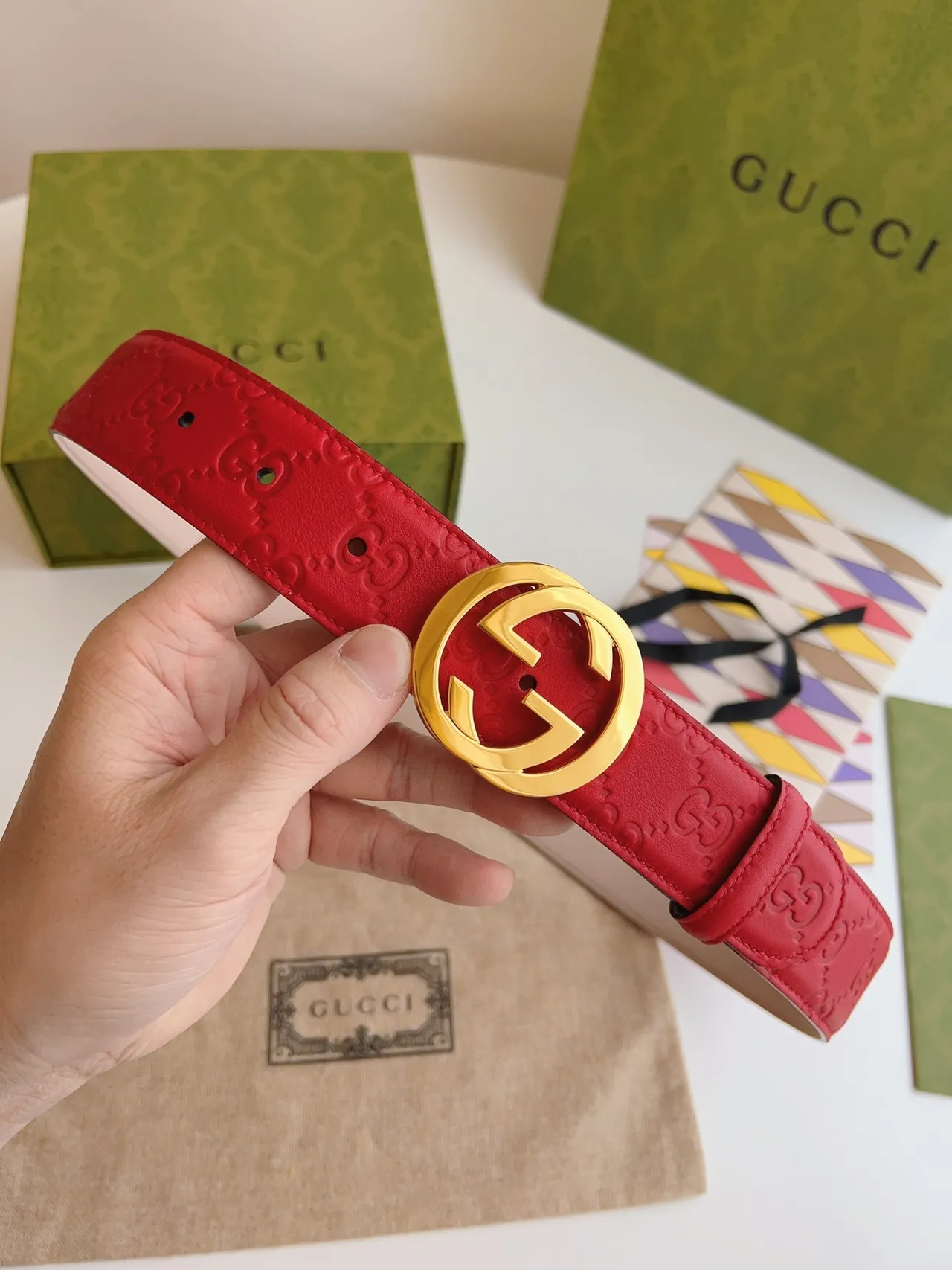 Gucci Red Beige Embossed GG Monogram Gold-Tone Interlocking G Buckle Leather Belt 3