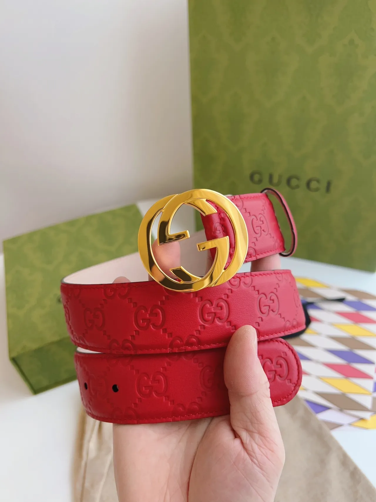 Gucci Red Beige Embossed GG Monogram Gold-Tone Interlocking G Buckle Leather Belt 4