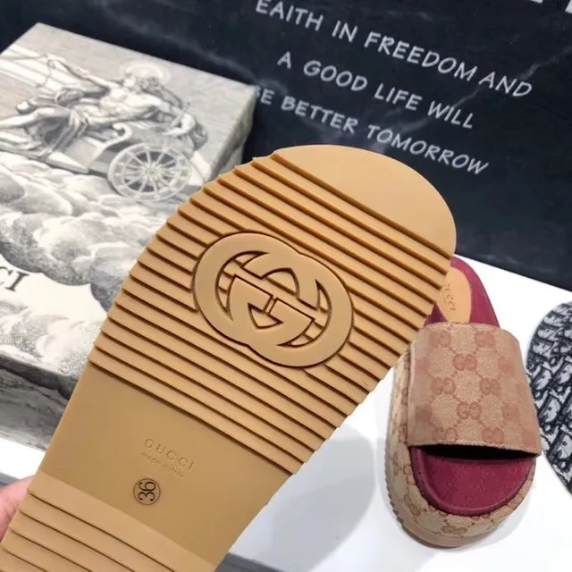 Gucci Screener Beige and Burgundy GG Monogram Platform Slippers 2