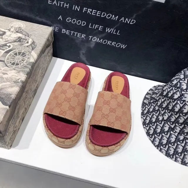 Gucci Screener Beige and Burgundy GG Monogram Platform Slippers 3