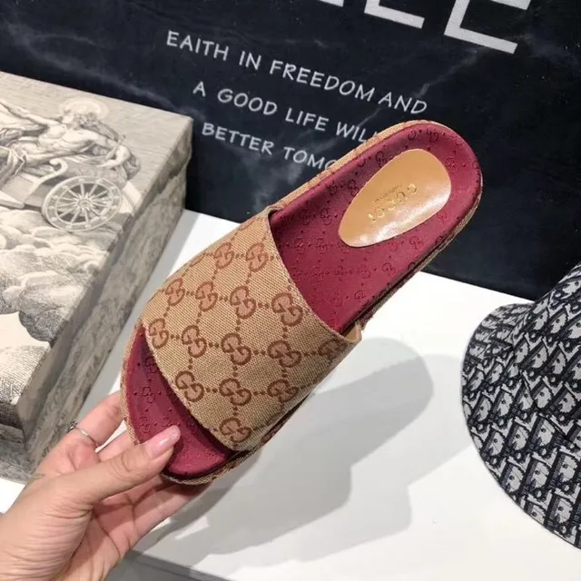 Gucci Screener Beige and Burgundy GG Monogram Platform Slippers 4