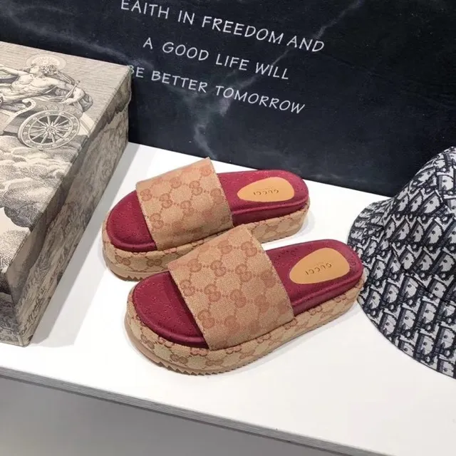 Gucci Screener Beige and Burgundy GG Monogram Platform Slippers 5