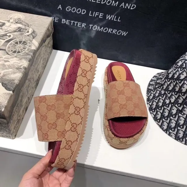 Gucci Screener Beige and Burgundy GG Monogram Platform Slippers 6