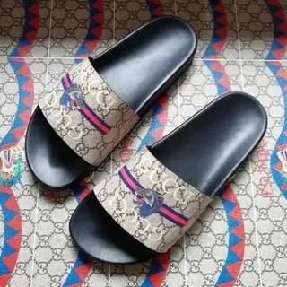 Gucci Screener Beige Black Web Stripe Dragon Slide Slippers