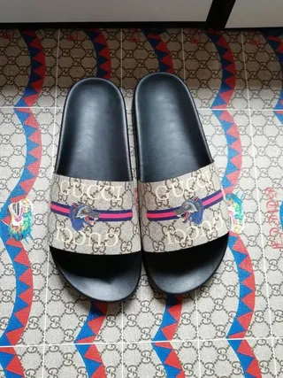 Gucci Screener Beige Black Web Stripe Dragon Slide Slippers 4