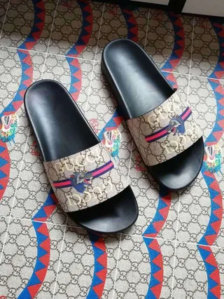 Gucci Screener Beige Black Web Stripe Dragon Slide Slippers 7