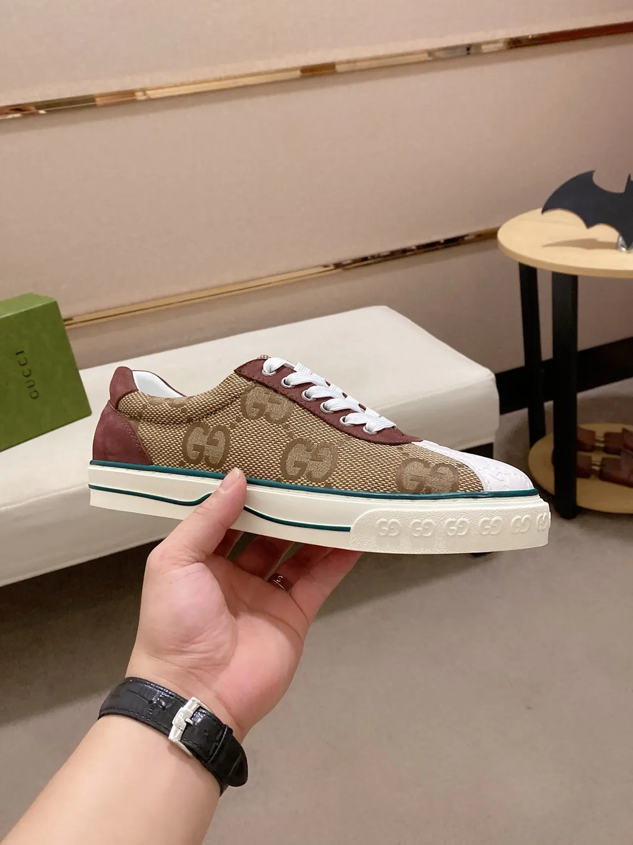 Gucci Screener Beige Burgundy GG Monogram Sneakers Lifestyle 4