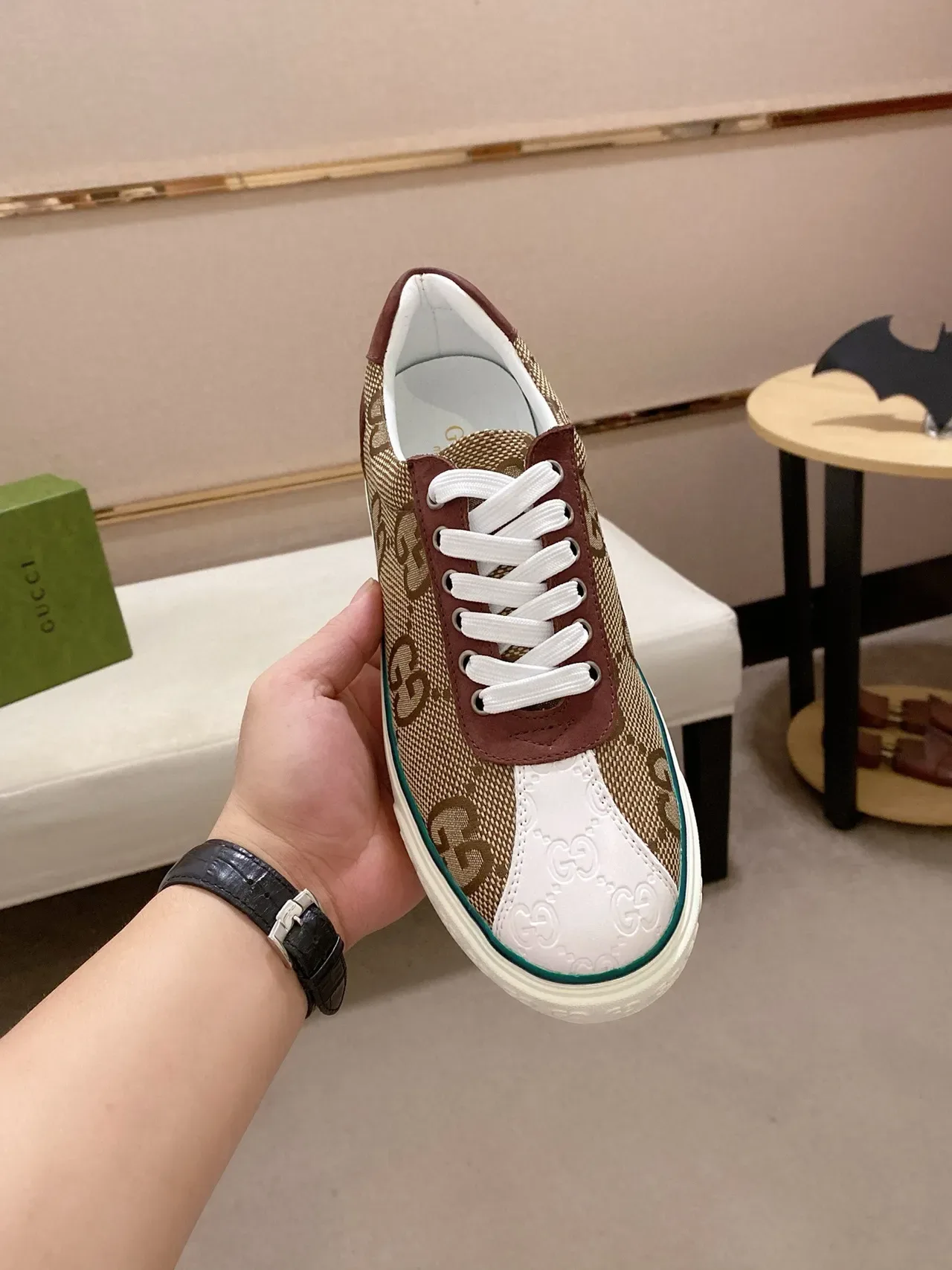 Gucci Screener Beige Burgundy GG Monogram Sneakers Lifestyle 5