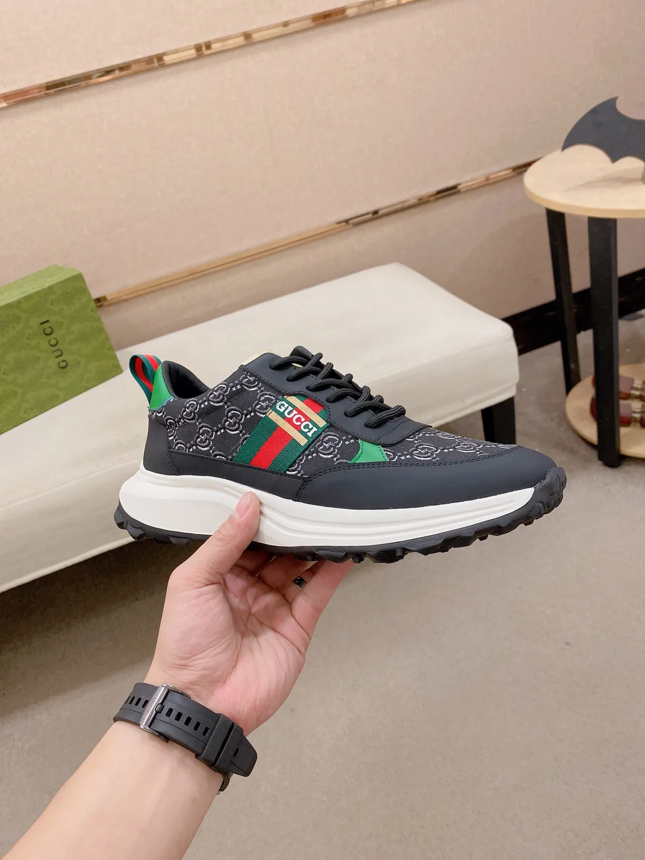 Gucci Screener Black Green Red Web Stripe Lifestyle Sneakers 5