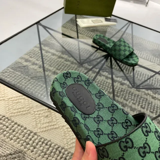Gucci Screener Green GG Monogram Double-Strap Slippers 2