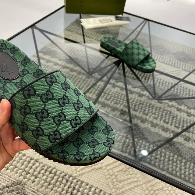 Gucci Screener Green GG Monogram Double-Strap Slippers 4