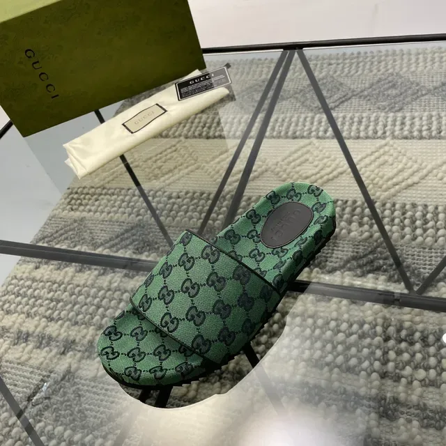 Gucci Screener Green GG Monogram Double-Strap Slippers 6