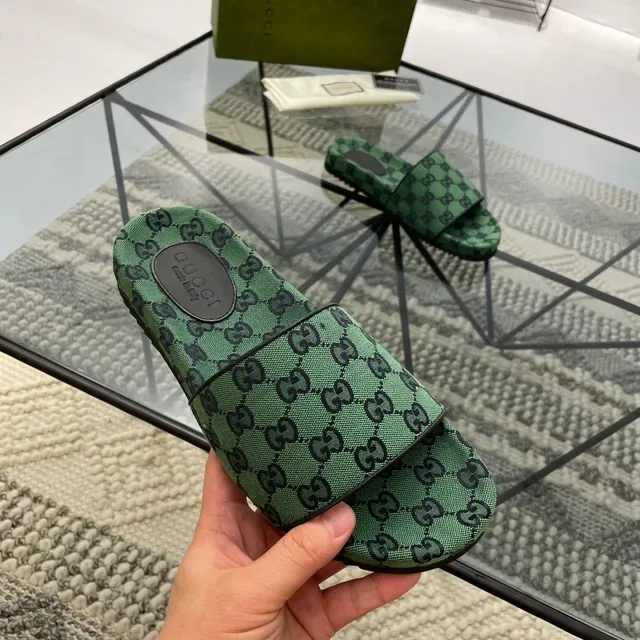 Gucci Screener Green GG Monogram Double-Strap Slippers 7