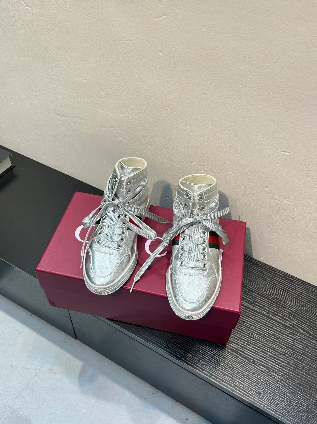 Gucci Screener Metallic Silver Web Stripe Lifestyle Sneaker 2
