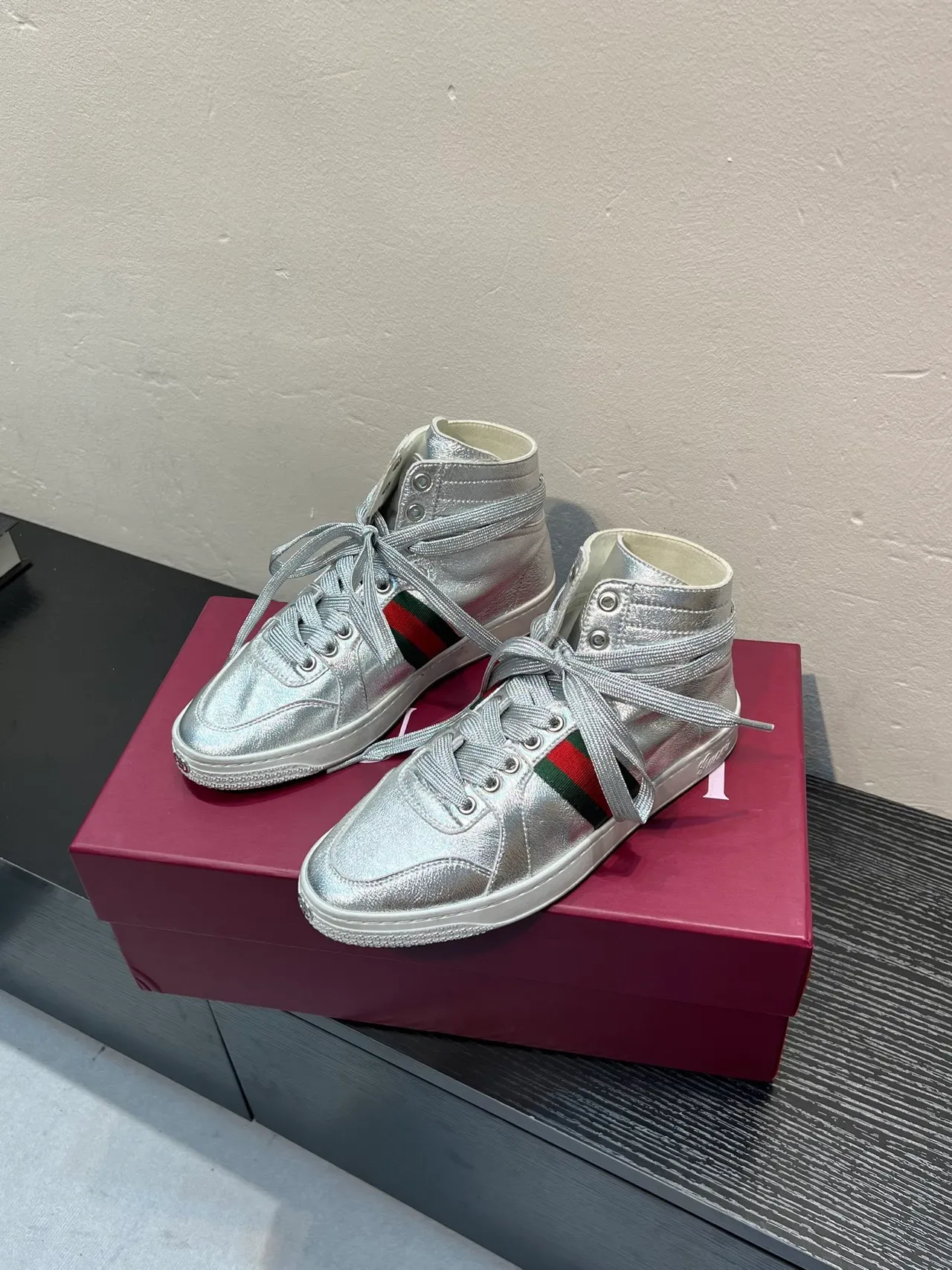 Gucci Screener Metallic Silver Web Stripe Lifestyle Sneaker 3