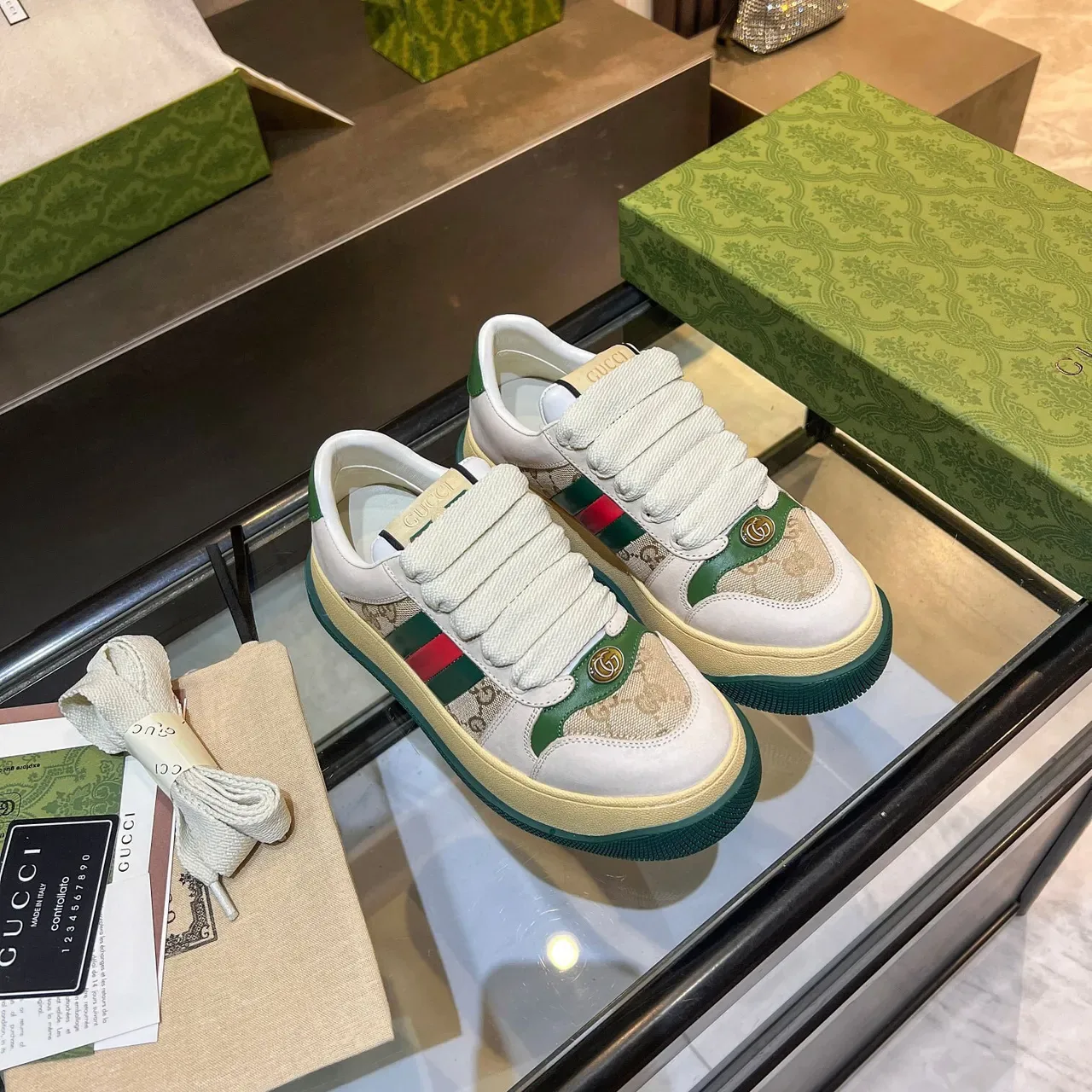 Gucci Screener Off-White e Beige GG Monogram Web Stripe Tênis Lifestyle 7