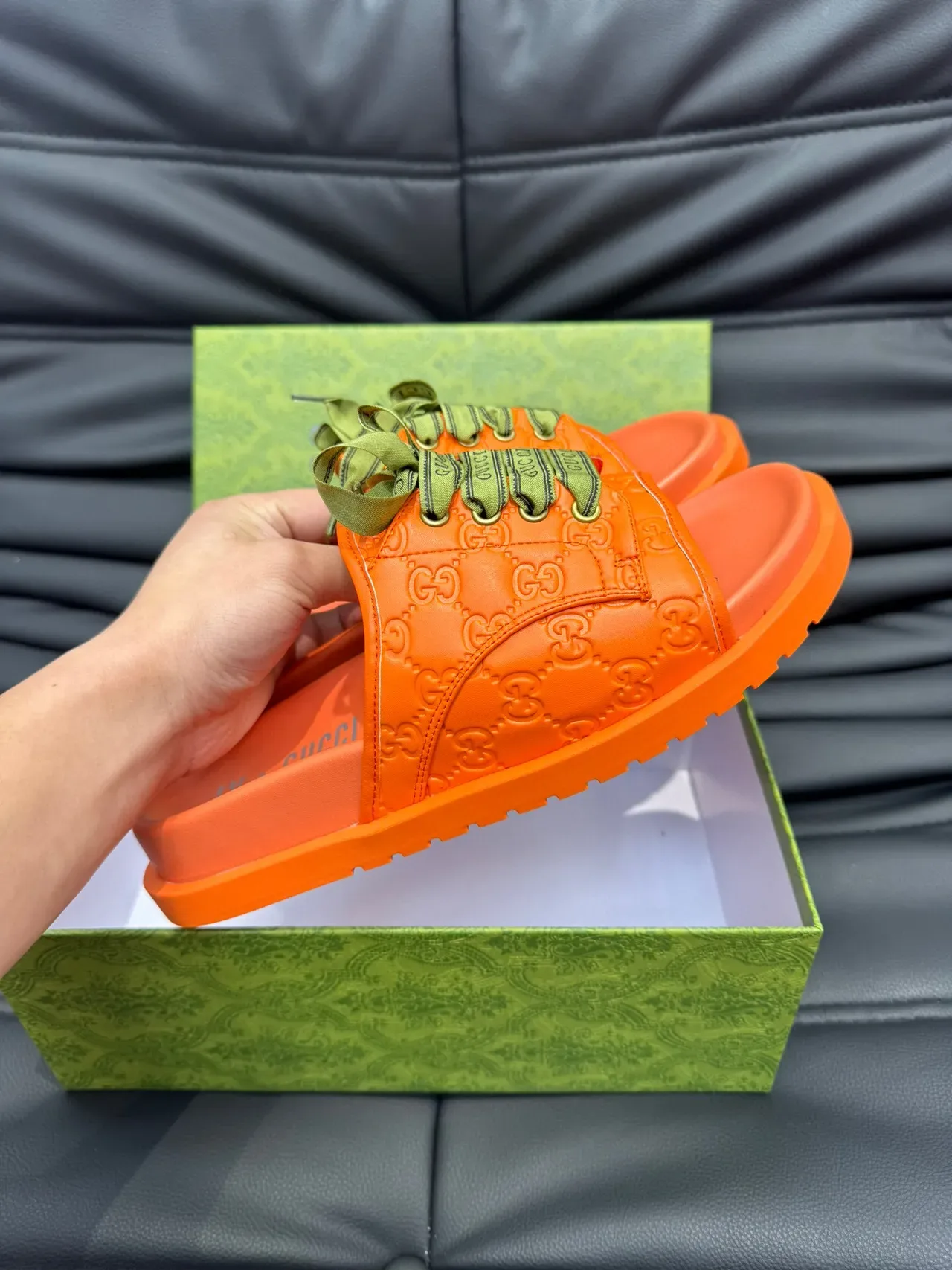 Gucci Screener Orange GG Monogram Ruban Dentelle Pantoufles 6