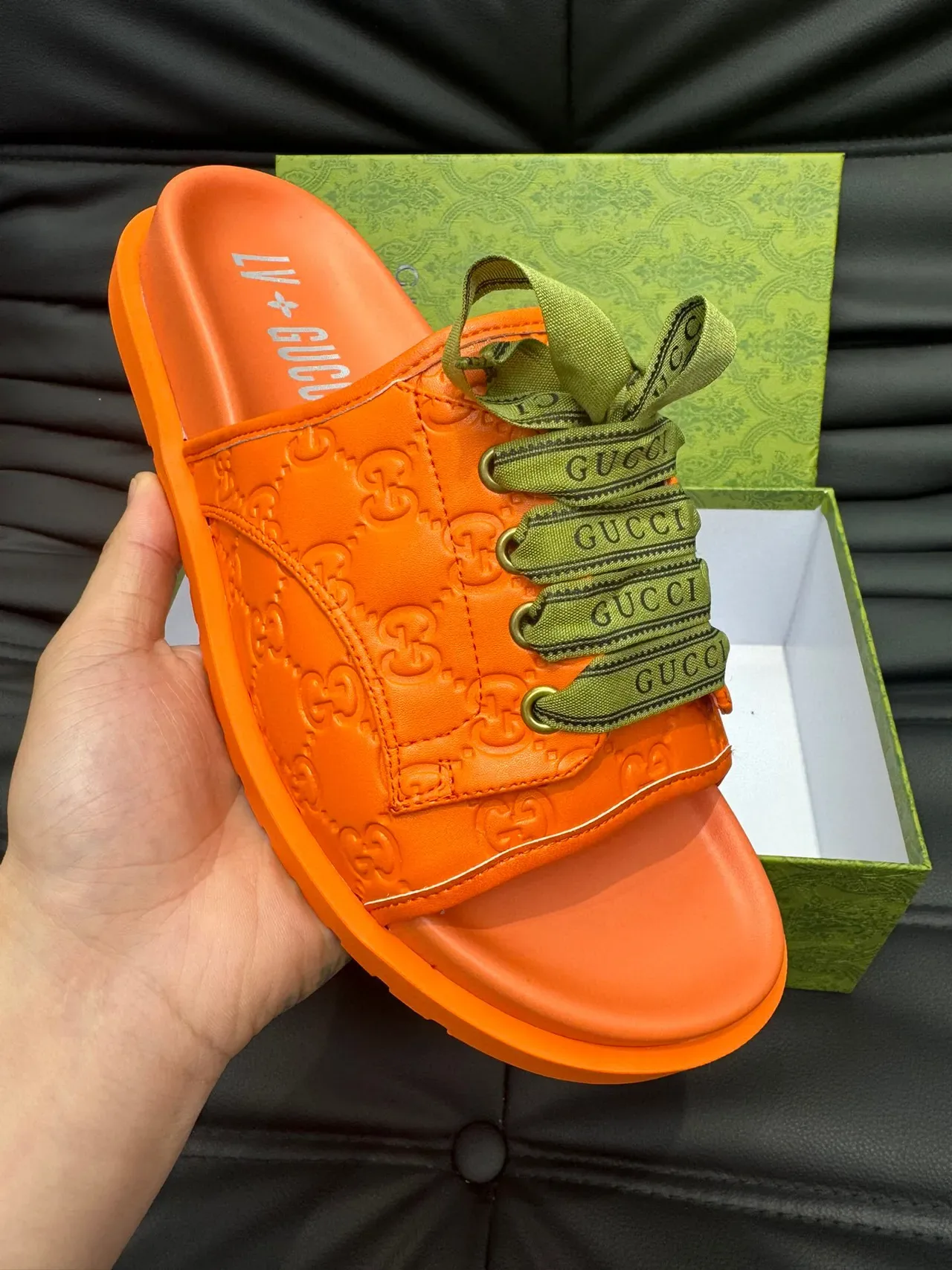Gucci Screener Orange GG Monogram Ruban Dentelle Pantoufles 7