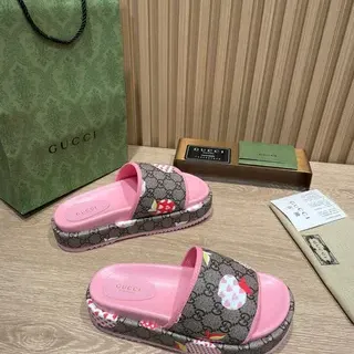 Gucci Screener Pink Multicolor Platform Sole GG Monogram Canvas Slippers